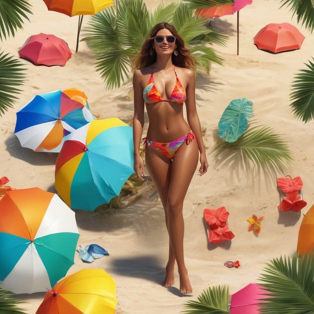 A vibrant beach scene showcasing diverse models wearing stylish swimsuits, enjoying various summer activities like surfing, beach volleyball, and sunbathing. The ocean background is vivid with splashing waves, and colorful beach umbrellas are scattered around. Include elements like tropical palm trees and a sunny sky to enhance the summer vibe. super-realistic. vibrant colors. 3D.